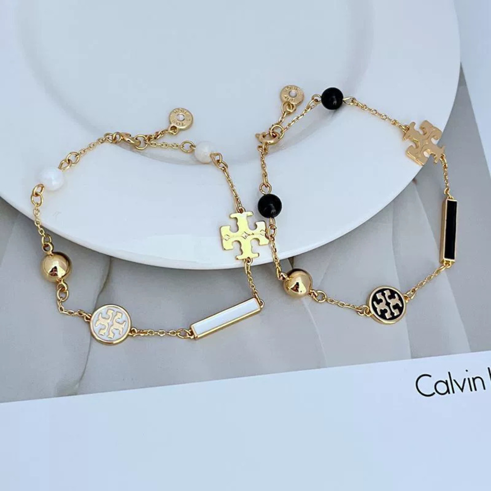 Tory Burch Inlaid Enamel Agate Logo Metal Bracelet